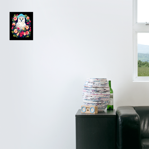 Cute Snowy Owl Surrounded by Bold Vibrant Spring Flowers by BirdsnStuff